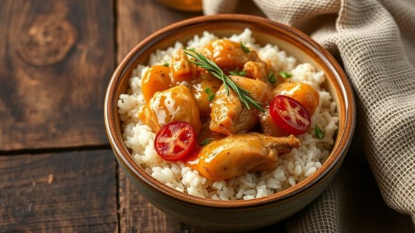 Crock pot honey chicken and rice on rustic table.