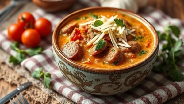 Bowl of creamy Italian sausage soup with herbs on cloth.