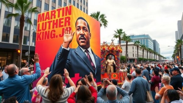San Diego MLK Day events parade float celebrating in rainy streets.