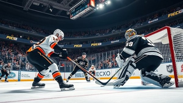 Anaheim Ducks player shoots at Los Angeles Kings' goal in thrilling moment.