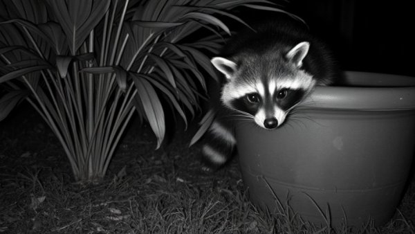 Nocturnal raccoon in garden setting, raccoon roundworm risk in dogs.