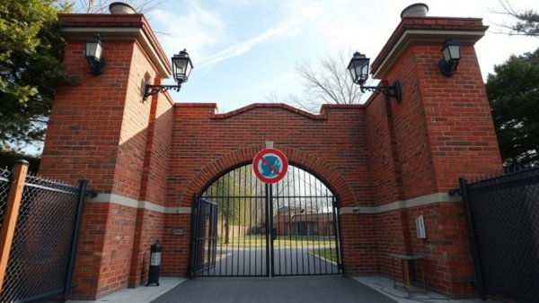 Imposing gate with 'No Trespassing' sign, connected to cult-like group.
