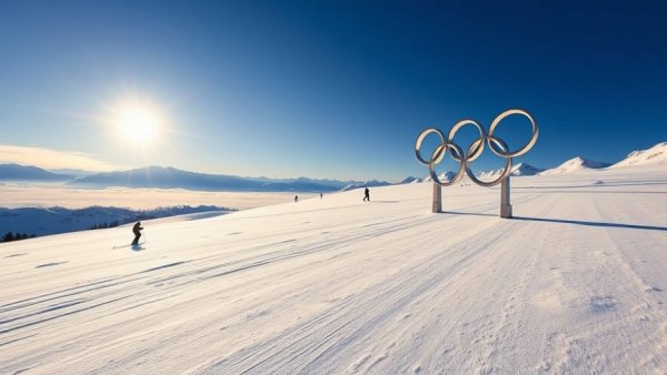 Olympic rings on snowy landscape symbolize success and failure.