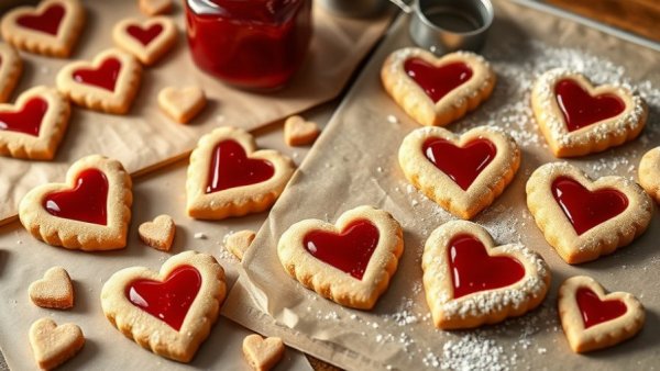 Heart-shaped Linzer Cookies with jam and powdered sugar on trays.