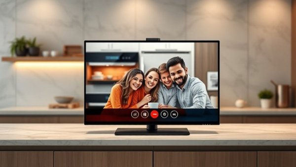 Smart home display with family video call in kitchen