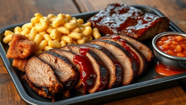 Horn Barbecue Fresno platter with brisket, ribs, and sides.