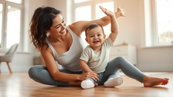 Mother practicing diastasis recti exercises with baby in bright room.