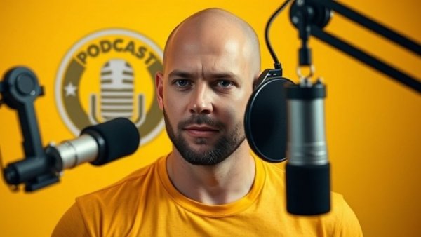 Man podcasting about Chris Cormier arm workout in studio.