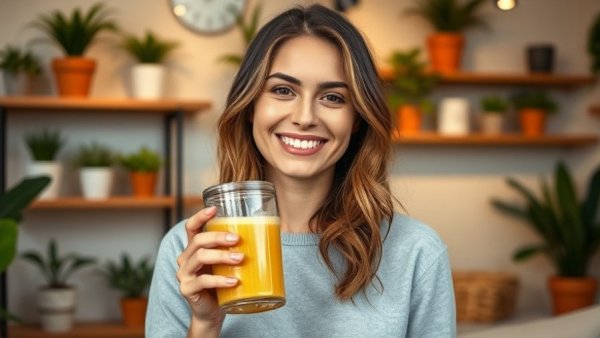 Smiling woman holding EquiLife detox products in a plant-filled room.