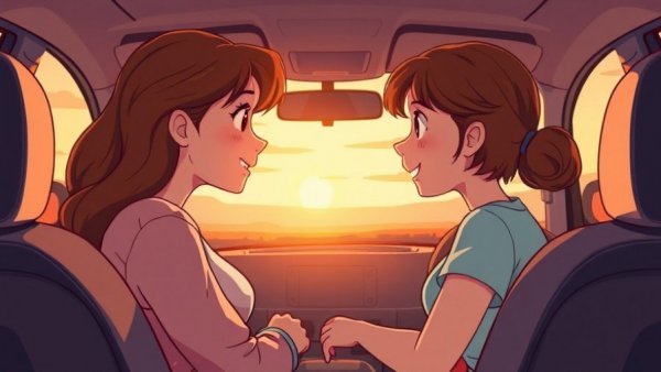 Mother and child sharing a tender moment in a car during sunset, symbolizing emotional growth through boundaries.