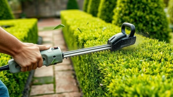 Gardener trimming hedge using trimmer in sunny backyard, Home DIY Hedge Care Techniques.