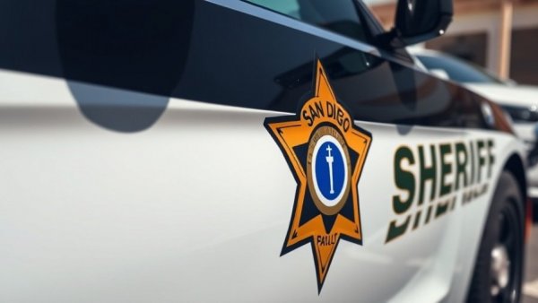 San Diego County Sheriff's patrol car close-up with emblem in daylight.