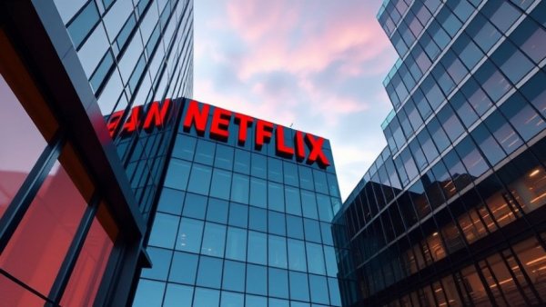 Modern Netflix headquarters with bold signage at dusk.