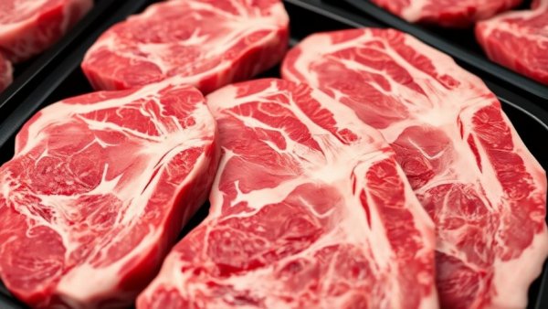Close-up of raw marbled steaks in a market for new protein dietary guidelines.