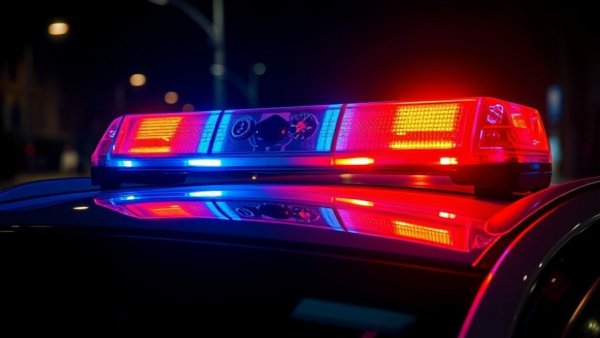 Police car lights glowing at night in San Jose crime news.