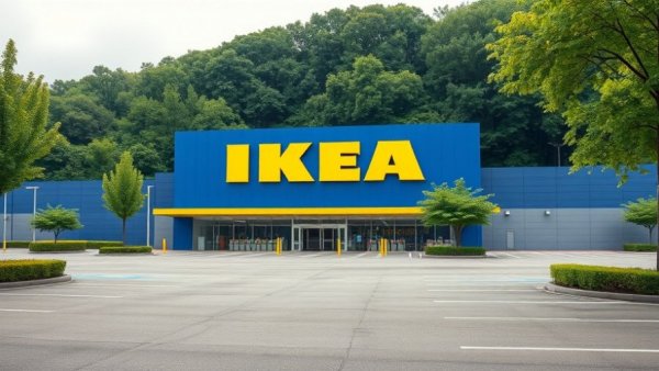 Colorful IKEA storefront with bold yellow logo under cloudy sky.