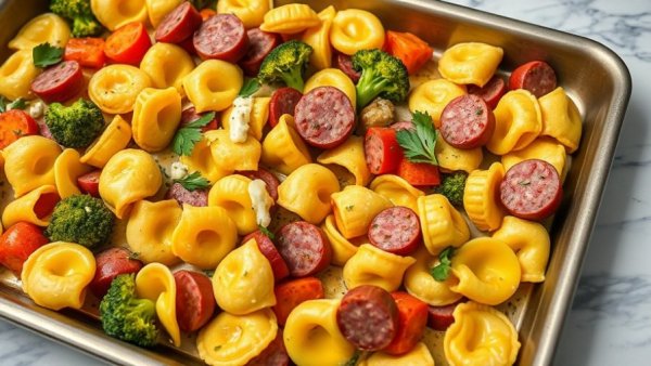Sheet pan tortellini bake with sausage and veggies on marble.