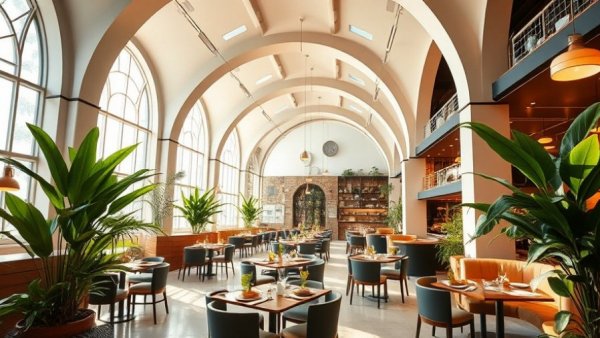 Stylish plant-based dining interior in Marina del Rey with arches and greenery.