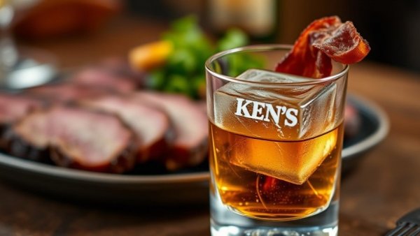 Ken Stewart's Grille drink with bacon garnish and ice cube.