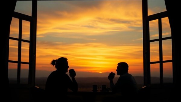 Silhouetted couple sharing coffee during sunset, moments that bring hope.
