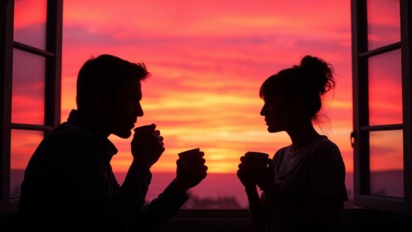 Silhouetted figures enjoying cups of tea in front of a sunset, finding hope amidst struggles.