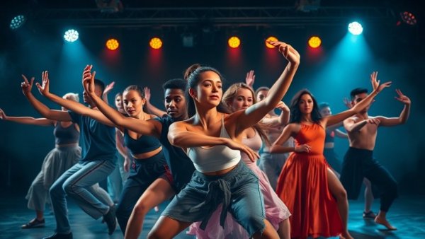 Dynamic dancers on stage performing choreography under vibrant lighting.