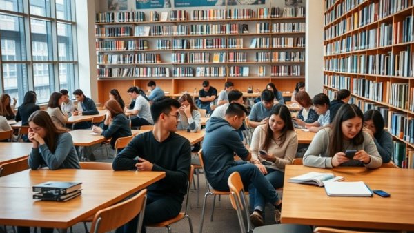 San Diego news: Students in a library using phones.