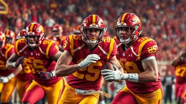 USC football defensive line analysis: intense game scene with players in USC jerseys.