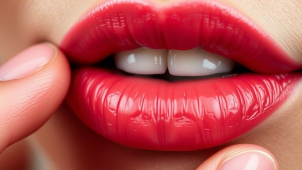 Close-up of lips with tinted lip balm and fingers gently touching.