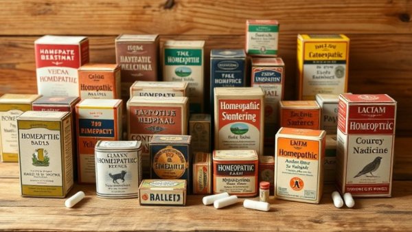 Vintage homeopathic medicine assortment, earthy tones on wood.
