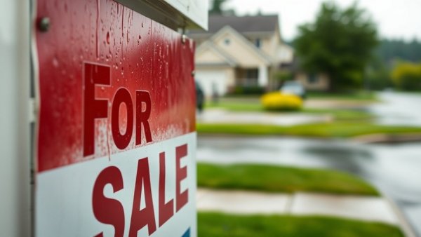 Real estate for sale sign under rainy conditions reflecting lower interest rates and ban on investor home purchases.