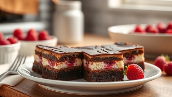 Delectable raspberry cheesecake brownies on a white plate
