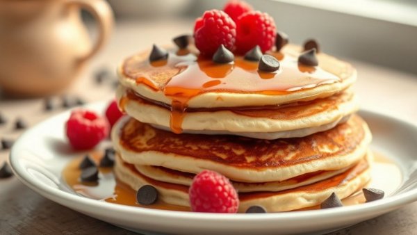 Fluffy Yogurt Pancakes with raspberries on a plate.