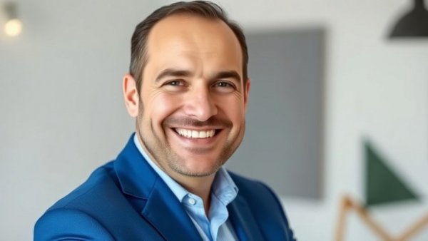 Portrait of a smiling man in blue suit with modern design.
