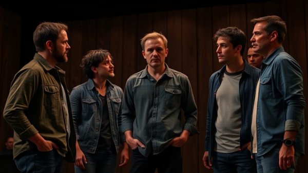 Actors in a dynamic scene during a San Diego theater show.