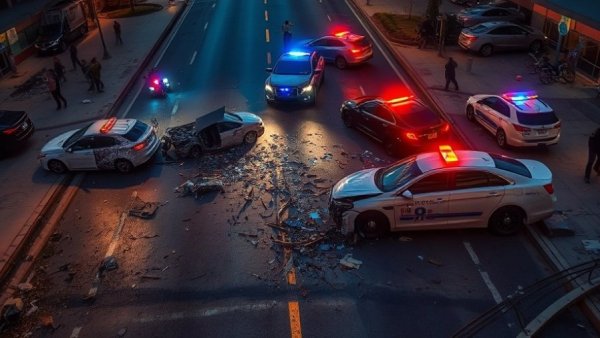 Consequences of police pursuits: aerial view of street wreckage.