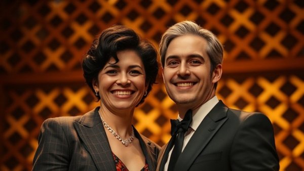 Two men smiling on stage with an elegant backdrop.