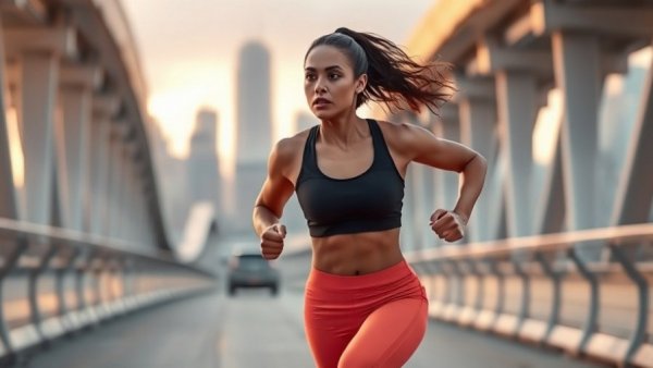 Woman running on bridge promoting balanced blood sugar for performance.