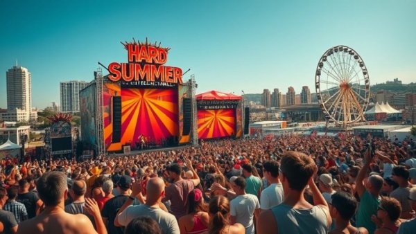 Vibrant scene at HARD Summer Music Festival with stage and Ferris wheel.