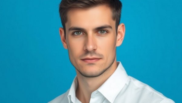 Portrait of a man in white shirt against blue background.