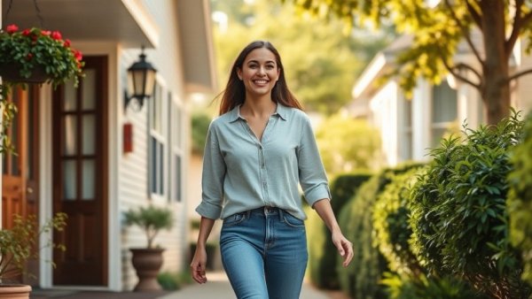 Cheerful woman walking outside her home, surrounded by greenery.