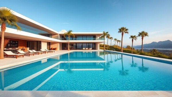 Luxurious California mansion with a large pool under a blue sky.