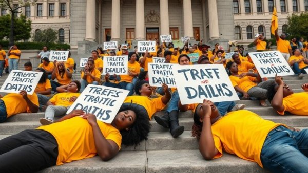Protesters on steps holding signs about traffic deaths in Los Angeles.