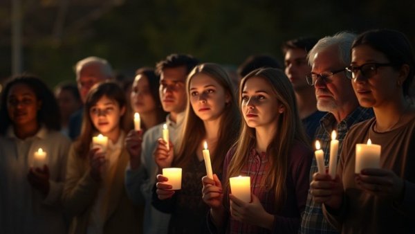 Candlelight vigil for domestic violence awareness at night.