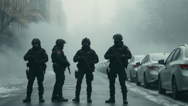 Police in hazy Minneapolis protest scene amid winter snow.