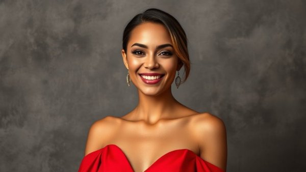 Confident woman in red dress smiling; resilience and heart health theme.