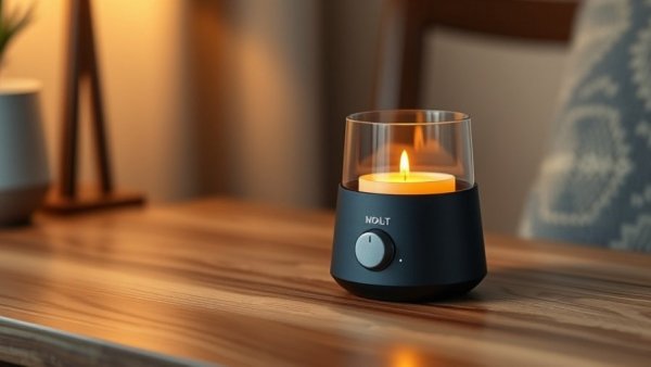 Smart home candle warmer on wooden table, minimalistic design.