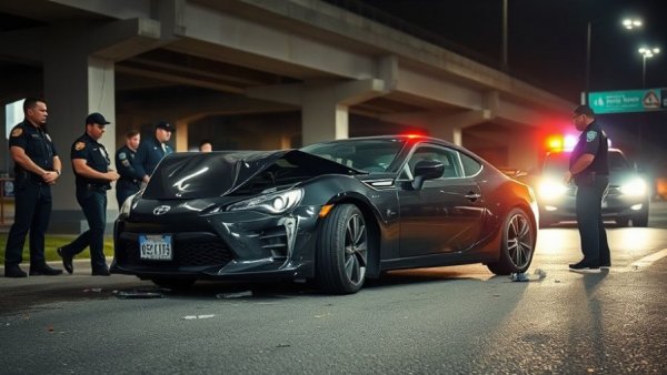 Severely damaged car in night crash with police