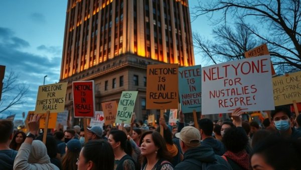 Dispersal order amidst anti-ICE protests in city at dusk.