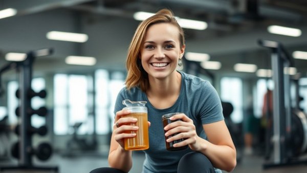 Smiling woman in gym holding shaker, Creatine HMB vs Creatine Monohydrate.